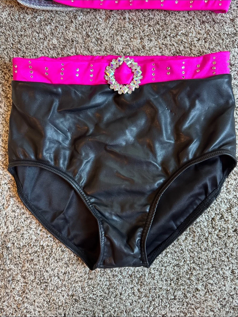Weissman Black pleather and Hot Pink Dance Costume with puff sleeves style 17581